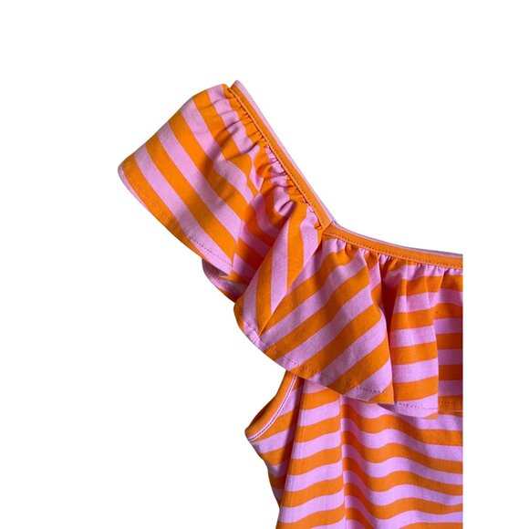 Cato Size XL Pink Orange Striped Ruffle Top Square Neck - Picture 4 of 6